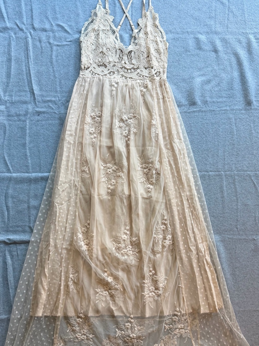 Magnolia Boutique  Cream Lace Maxi Dress with Embroidered Tulle